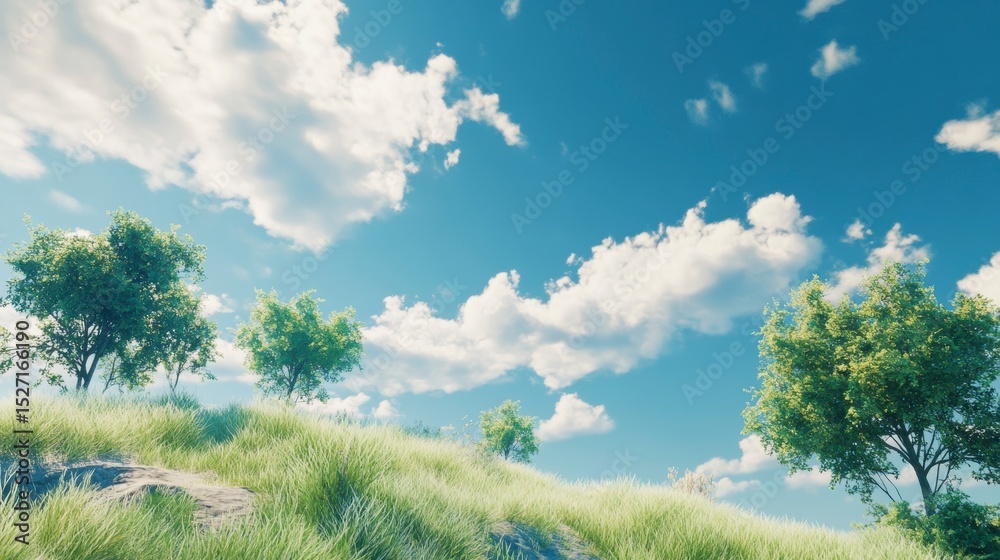 Sunny day, green hill, fluffy clouds, blue sky, trees, grass, nature landscape. Sunny day, green hill, fluffy clouds, blue sky, trees, grass, nature landscape.