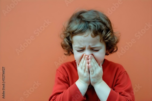 Little Girl Sneezing: Close-Up Portrait of Child Covering Nose & Mouth, Red Shirt, Orange Background, Health, Cold, Flu, Allergies, Sickness