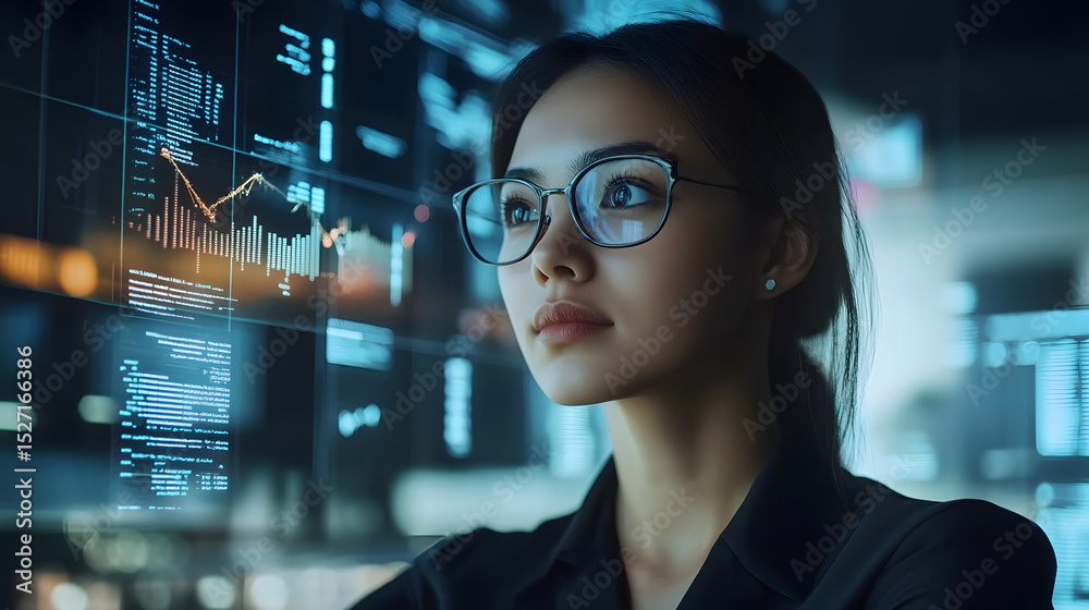 Woman focused on data analysis technology Woman focused on data analysis technology