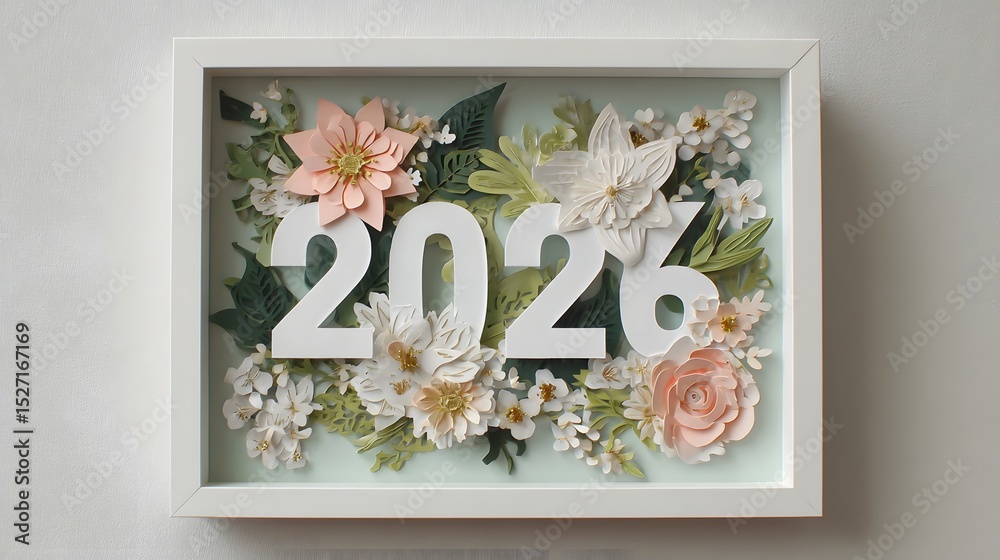 Fototapeta premium A beautifully crafted layered paper cut design featuring soft pastel colored flowers including roses dahlias and chrysanthemums arranged in an elegant textured display within a clean white frame
