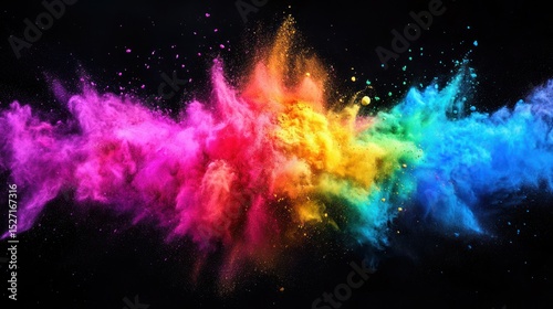 Spectacular explosion of vibrant colors against a dark background, powder effect
