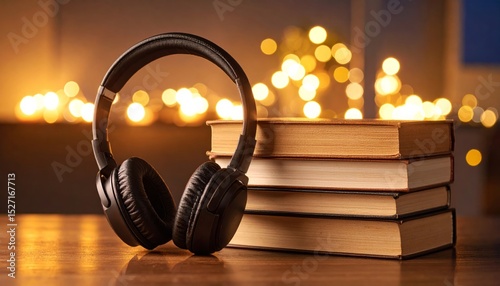 Auriculares clásicos y libros cerrados sobre una mesa limpia, iluminación suave de ambiente nocturno