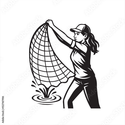 woman fishing with net