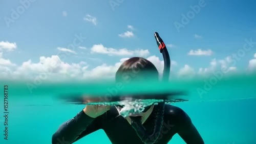 Person wearing a scuba mask and snorkel in shallow water near a beach.