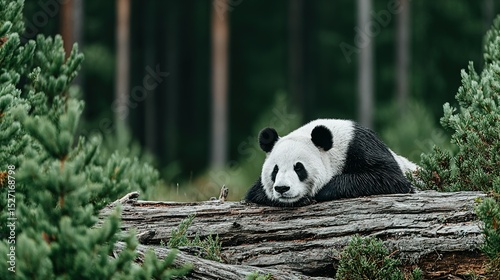 A panda rests on a fallen log in a lush forest. photo