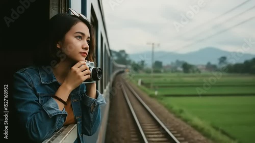 Woman with camera looking out train window