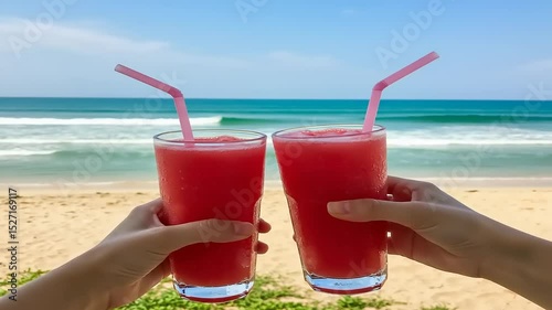Two glasses of pink smoothie on a beach.