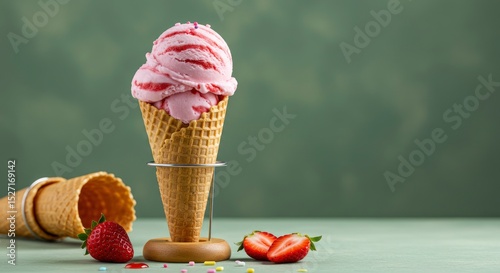 Delicious Strawberry Ice Cream in a Waffle Cone A Summer Treat photo