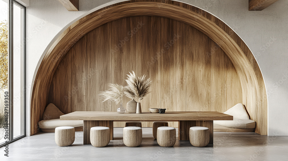 Fototapeta premium modern dining room featuring minimalist design with wooden table and curved wall