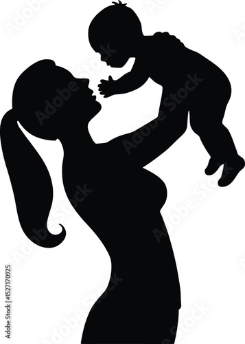 Mother Lifting Baby Silhouette, Mom and Child Vector Illustration