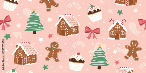 Pink Christmas dessert, gingerbread, bow knots seamless pattern. Winter holidays cookies framed portraits, tasty wallpaper, textile design, baking background.