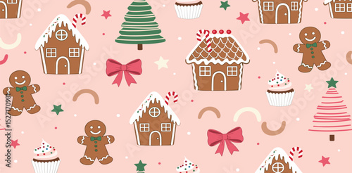 Pink Christmas dessert, gingerbread, bow knots seamless pattern. Winter holidays cookies framed portraits, tasty wallpaper, textile design, baking background.