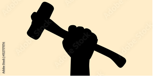 Silhouette of hand holding big hammer concept design. Icon of tools, builder shadow. Vector illustration.