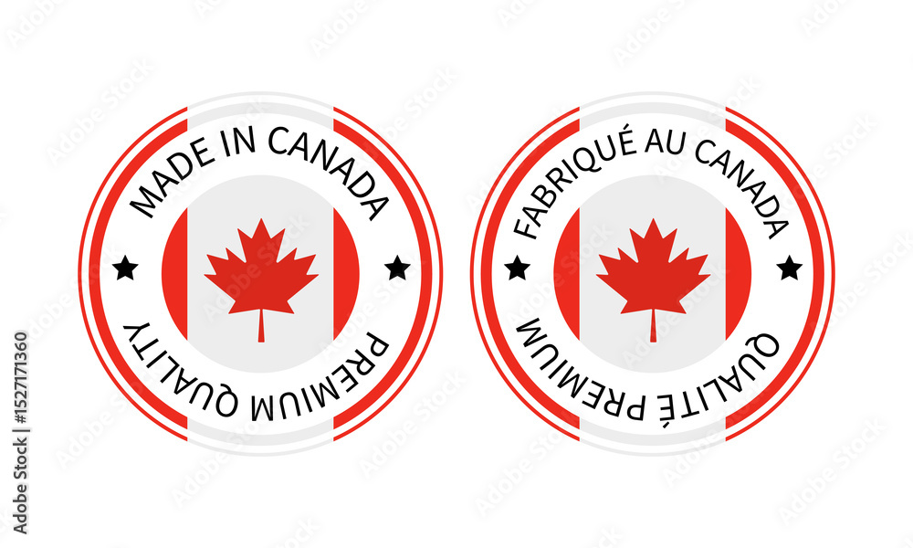 Made in Canada round labels in English and in French languages. Quality mark vector icon. Perfect for logo design, tags, badges, stickers, emblem, product package, etc. Made in Canada round labels in English and in French languages. Quality mark vector icon. Perfect for logo design, tags, badges, stickers, emblem, product package, etc.