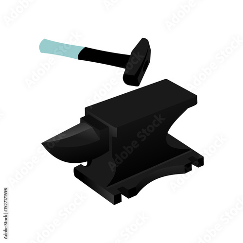 Workshop, blacksmith. Steel anvil and hammer, vector illustration