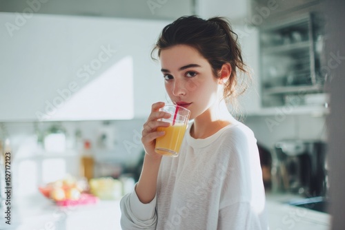 Young woman drinking orange juice in modern kitchen