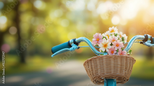 Vintage Bicycle Handlebar with Basket of Flowers in Sunny Park
