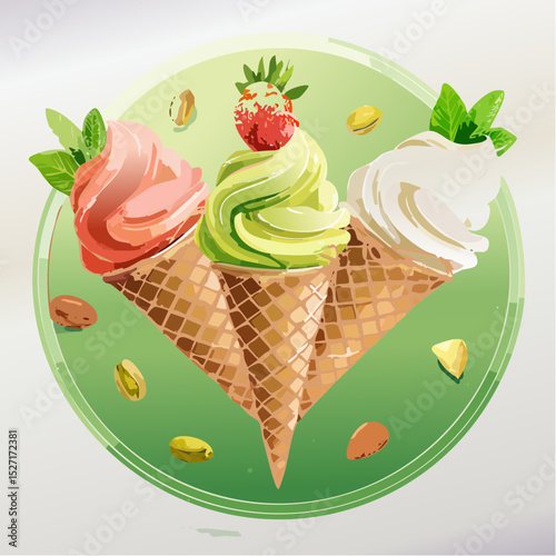 Colorful ice cream cone with fruity scoop and waffle texture, topped with fresh garnish on green background.