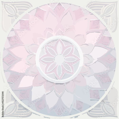Soft pastel mandala with geometric shape, floral detail, and ornamental circle layout.