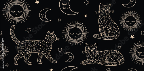Celestial cat seamless pattern. Golden starry cats repeat background. Mystery stars, sun, moon on the black. Magic sky textile design, fabric, wallpaper. Minimal line art.