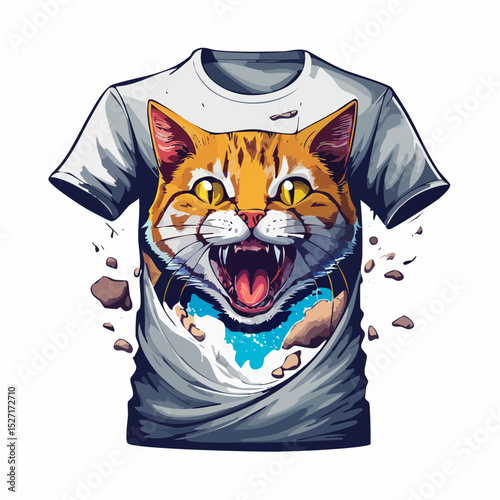 T-shirt artwork of a fierce cat face bursting through the fabric with sharp detail and dramatic energy.