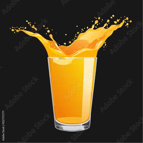Splashing orange juice in a clear glass with vivid color, motion, and fresh citrus energy.