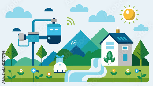 A smart irrigation system that utilizes recycled and filtered water promoting sustainability and reducing the impact on natural water sources.. Vector illustration