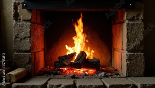 Rustic fireplace; crackling fire, glowing embers, fireplace, wood, logs