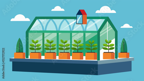 An ecofriendly rooftop greenhouse with autonomous seedling planters that utilize recycled water and compost made from food waste.. Vector illustration