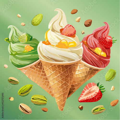 Colorful ice cream cone with fruity scoop and waffle texture, topped with fresh garnish on green background.