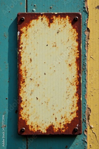Narrow rusty metal sign, chipped paint, aged frame , frame, rusty sign, vintage sign
