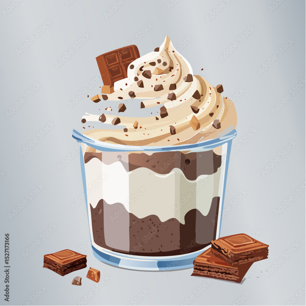 Layered chocolate dessert in glass with whipped cream, wafer, and sprinkle, styled on neutral background.