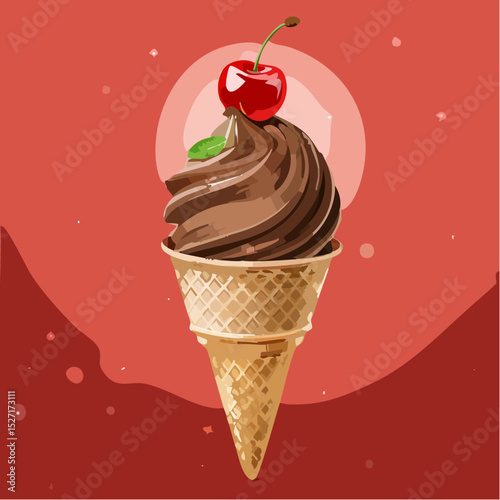 Chocolate swirl dessert topped with cherry in cone or cup, set against red background with soft highlights.