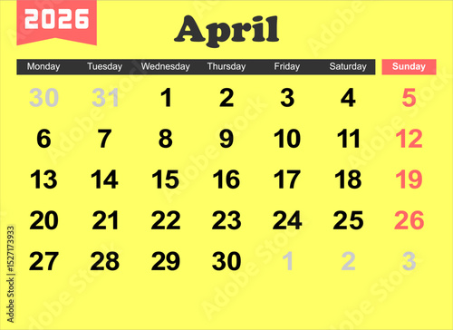 2026 year calendar. month, The week start on monday. EPS file vector.