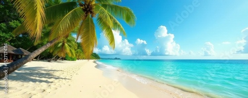 Golden sand, turquoise water, lush palms sway gently, bahamas, relaxation