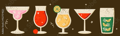Set of abstract retro cocktails in different shapes glasses. Flat vector illustration on dark background