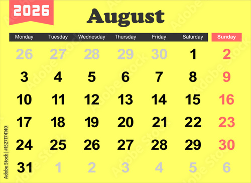 2026 year calendar. month, The week start on monday. EPS file vector.