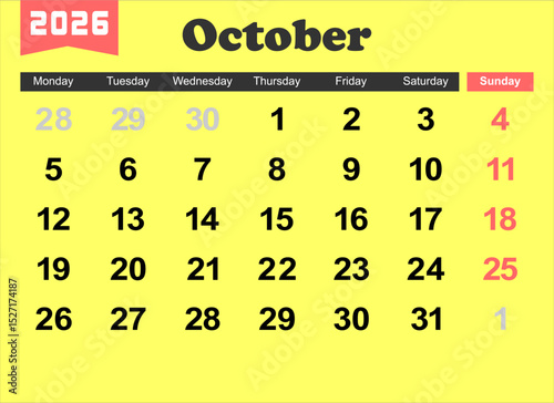 2026 year calendar. month, The week start on monday. EPS file vector.