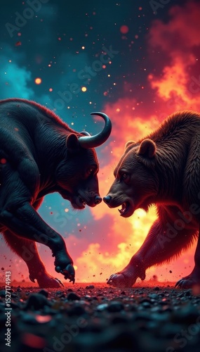 Aggressive bull and bear clashing, stock market backdrop, profit, trading chart, finance