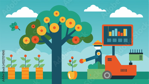 Automated tree fruit harvesters are equipped with data collection and analysis capabilities providing insights on yield production and harvest efficiency for future planning.. Vector illustration