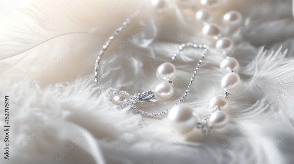 Fototapeta premium Elegant Pearl Jewelry on Soft Feathers