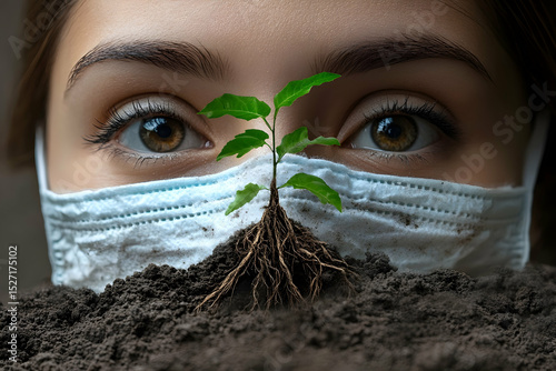 Girl with green sprout under medical mask, symbolizing hope in pandemic. photo
