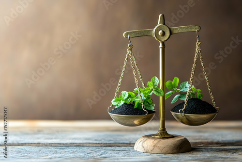 Balance scale with plants and coins, symbolizing eco-economy.