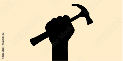 Silhouette of hand holding hammer concept design. Icon of tools, builder shadow. Vector illustration.