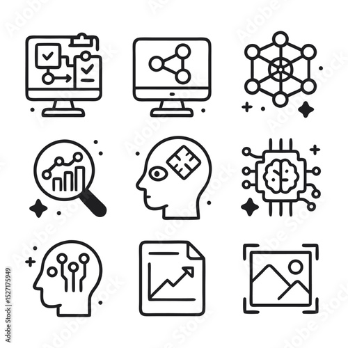 Nine line art icons depicting computer and internet concepts. Perfect for web design, tech blogs, app interfaces, and digital presentations.