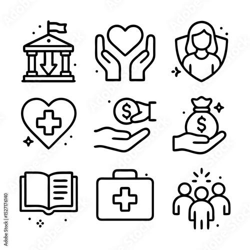 Icons representing charity donation and volunteerism. Suitable for nonprofit websites, fundraising campaigns, social media posts, and volunteer organizations promotional material.