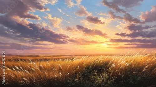 Golden sunset over grassy field