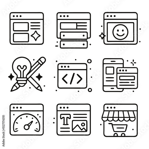 Assortment of web development outline icons for design, coding, performance, and e-commerce. Web design and development concept