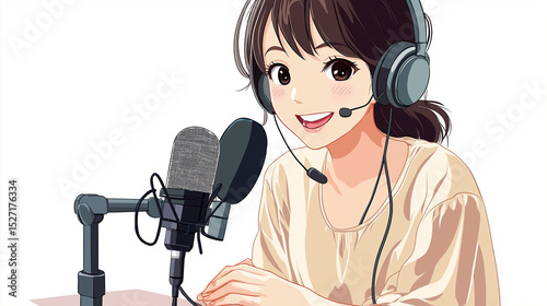 Smiling Anime Girl Recording Podcast with Microphone and Headphones on White Background – Digital Broadcast and Streaming Concept