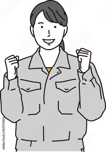 ガッツポーズをする作業服を着た女性のイラスト素材
